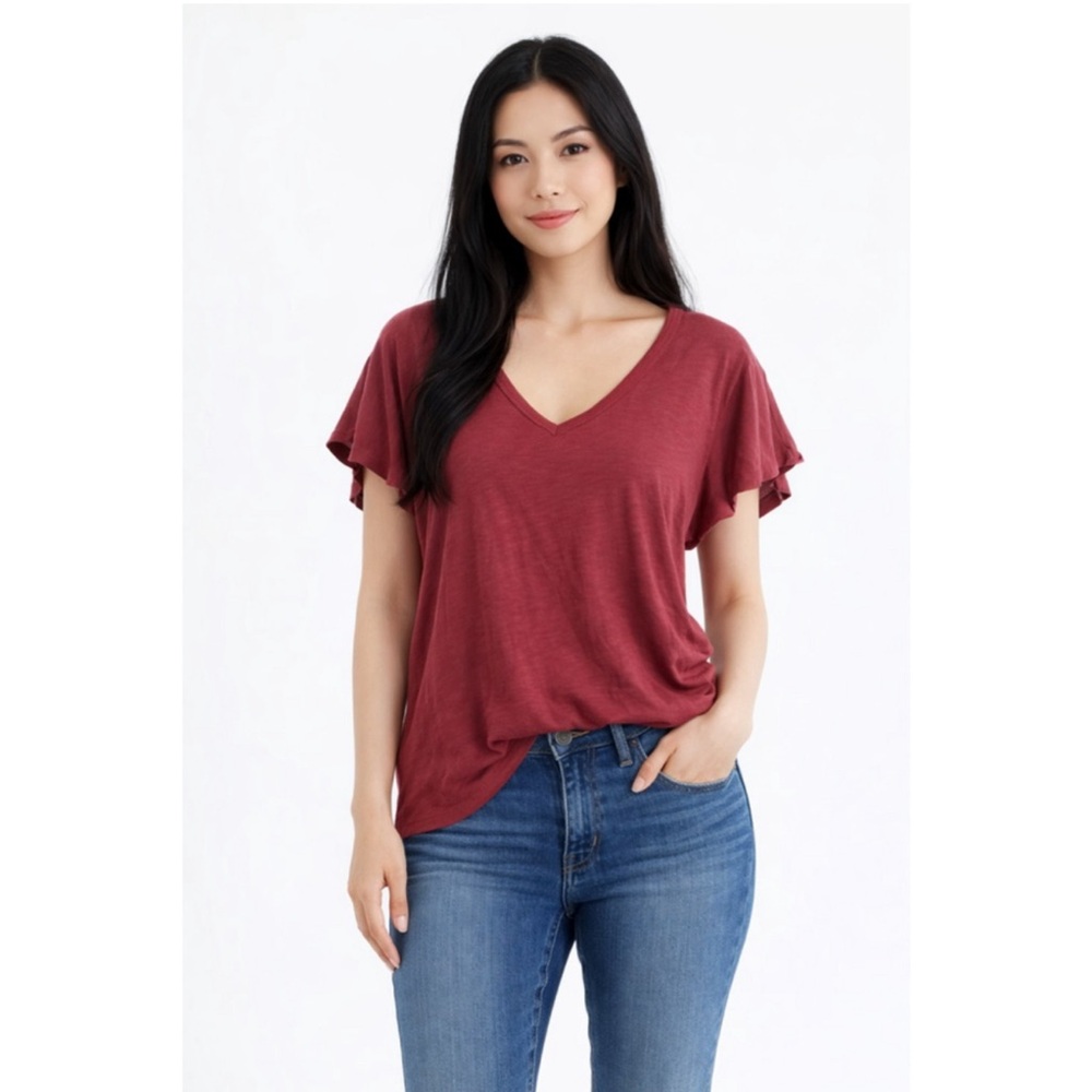 V-Neck Flutter Sleeve Tee in Wine